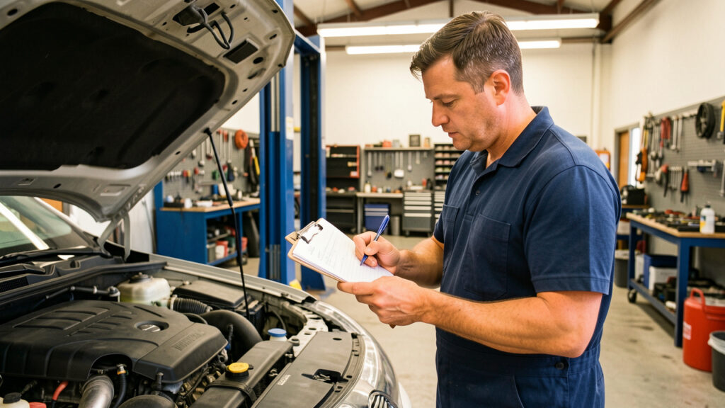 Mécanicien automobile inspectant attentivement le moteur ouvert d’une voiture dans un garage organisé.