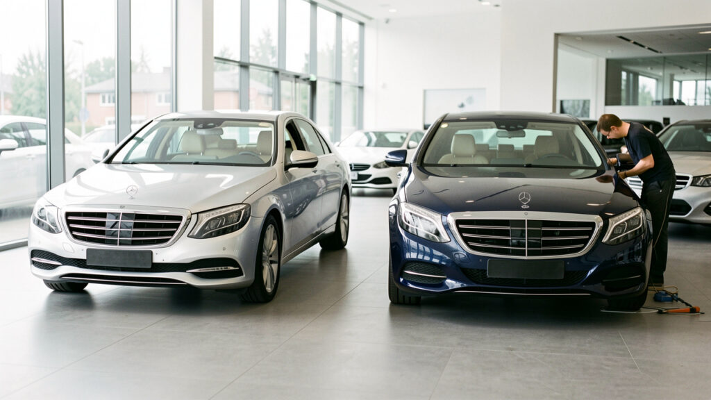 Deux berlines Mercedes, l’une neuve dans un showroom lumineux et l’autre d’occasion soigneusement entretenue, présentées côte à côte pour faciliter la comparaison.