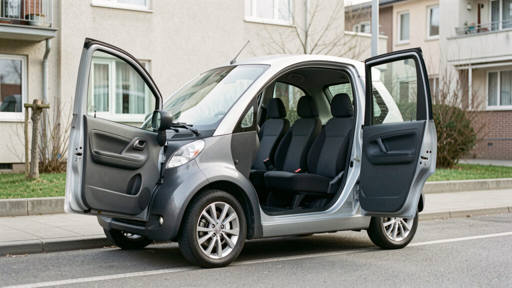 Petite voiture sans permis présentée portes ouvertes, avec quatre sièges visibles dans l’habitacle.