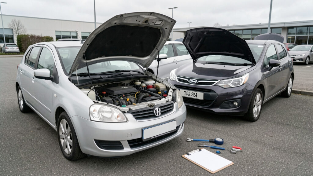 Trois voitures compactes d’occasion comparées dans un parc automobile, avec le capot ouvert pour inspecter le moteur et évaluer les coûts d’entretien.