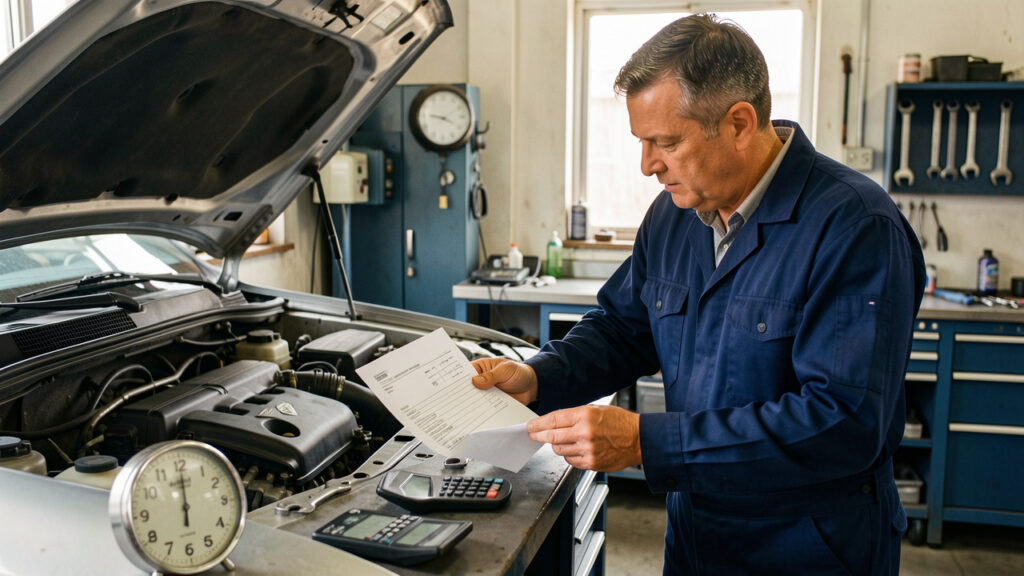 Garagiste examinant un moteur automobile près d’une facture vierge, d’une horloge et d’outils dans un atelier lumineux.